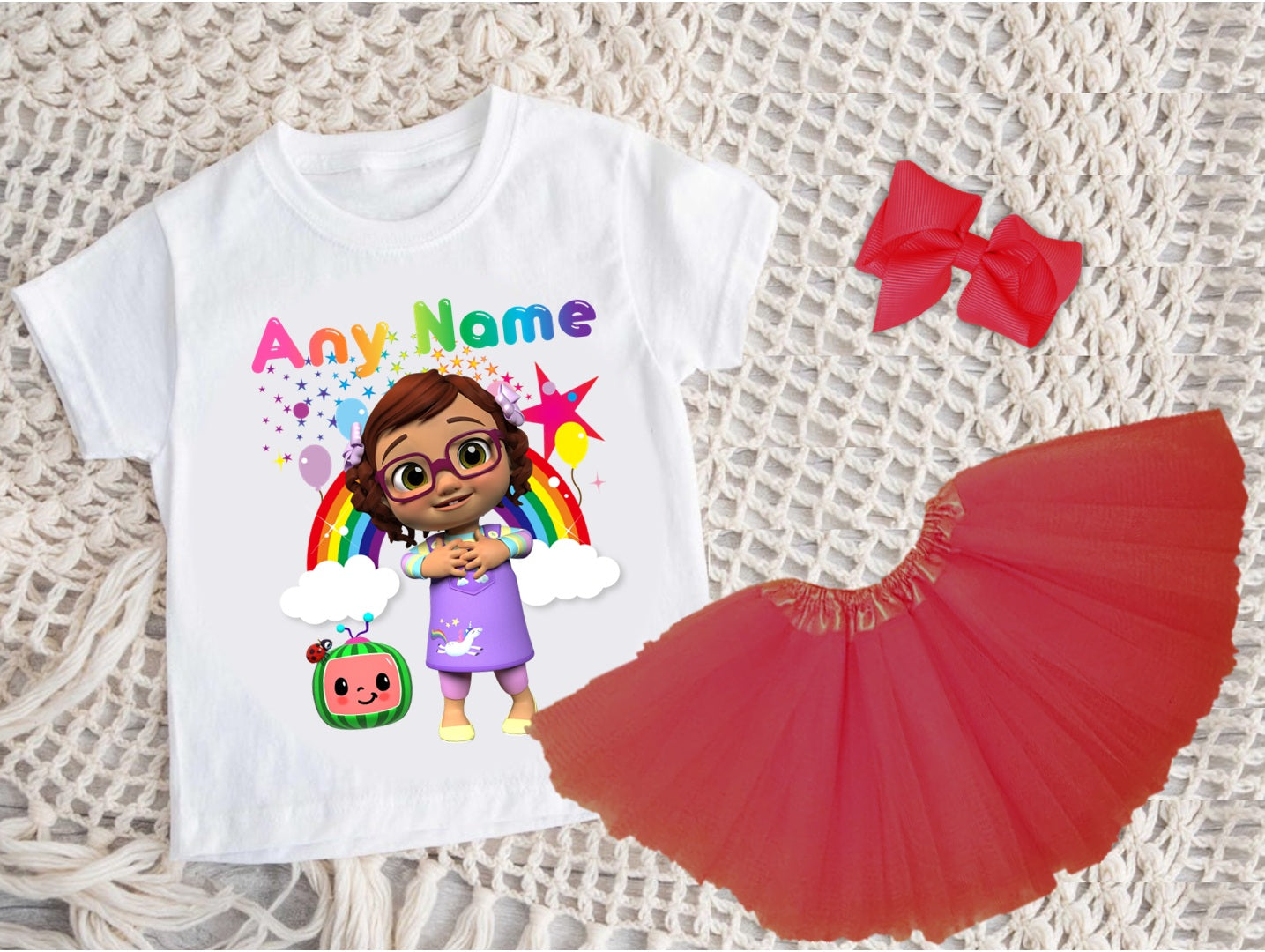 CoComelon Girl Bella Tutu Set Girls Personalized Custom Red 3 Layer Tutu Outfit Dress Theme Cake Smash Party