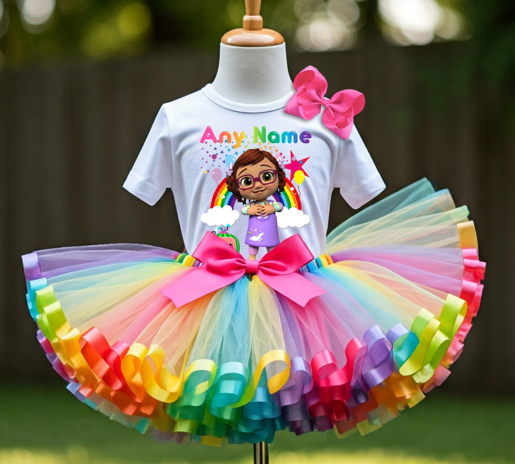 CoComelon Girl Bella Tutu Set Girls Personalized Custom Rainbow Ribbon Sewn Trim Tutu Outfit Dress Theme Cake Smash Party