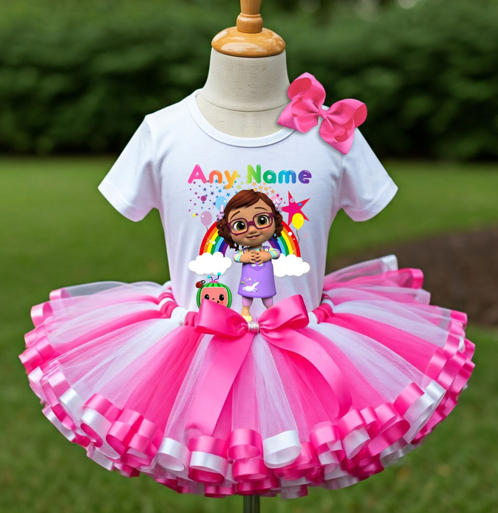 CoComelon Girl Bella Tutu Set Girls Personalized Custom Hot Pink White Pink Ribbon Sewn Trim Tutu Outfit Dress Theme Cake Smash Party