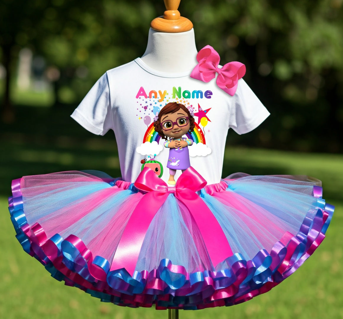 CoComelon Girl Bella Tutu Set Girls Personalized Custom Hot Pink Blue Purple Ribbon Sewn Trim Tutu Outfit Dress Theme Cake Smash Party