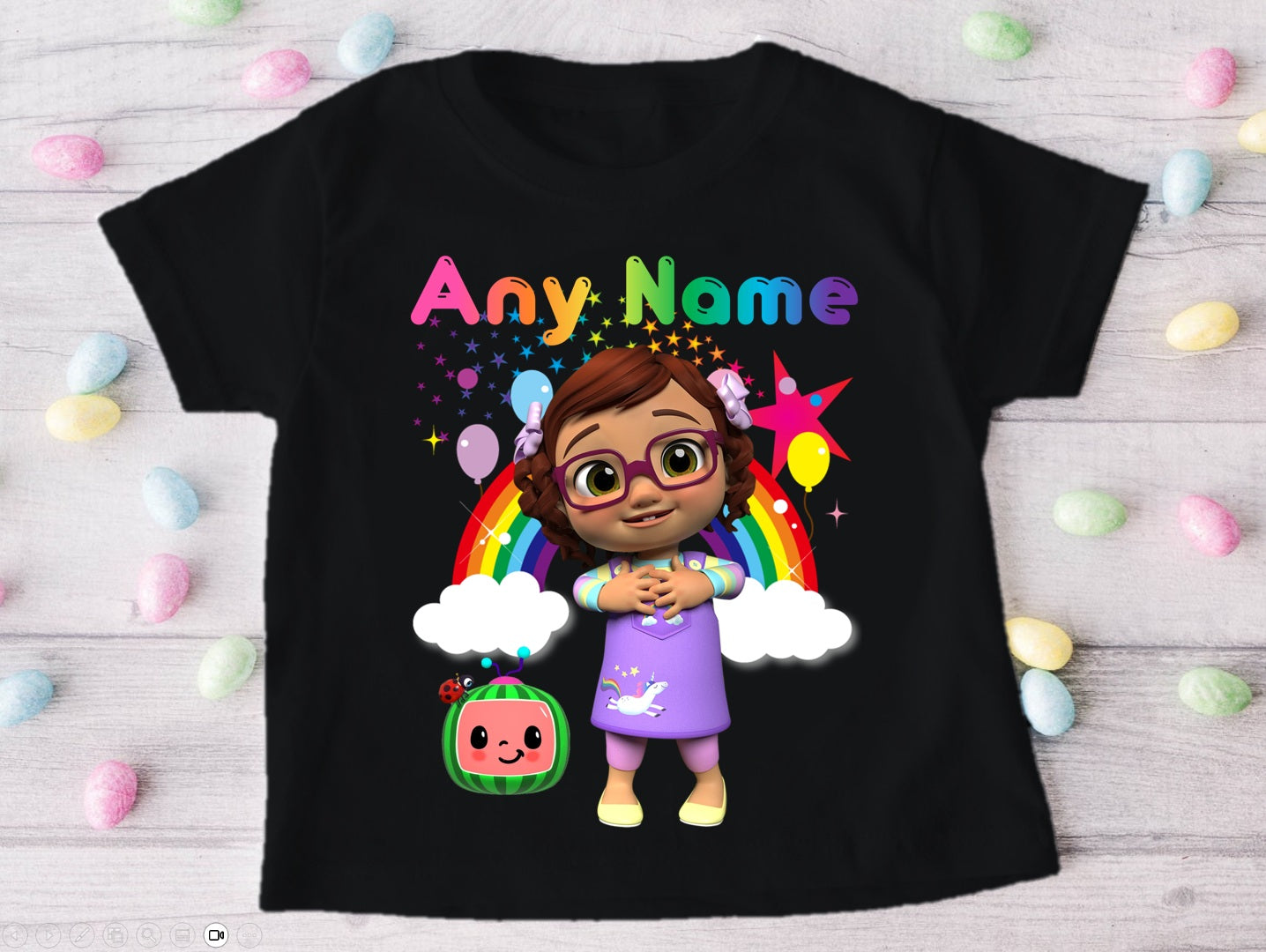 CoComelon Girl Bella Personalized Custom Black T-Shirt or Onesie Theme Cake Smash Party