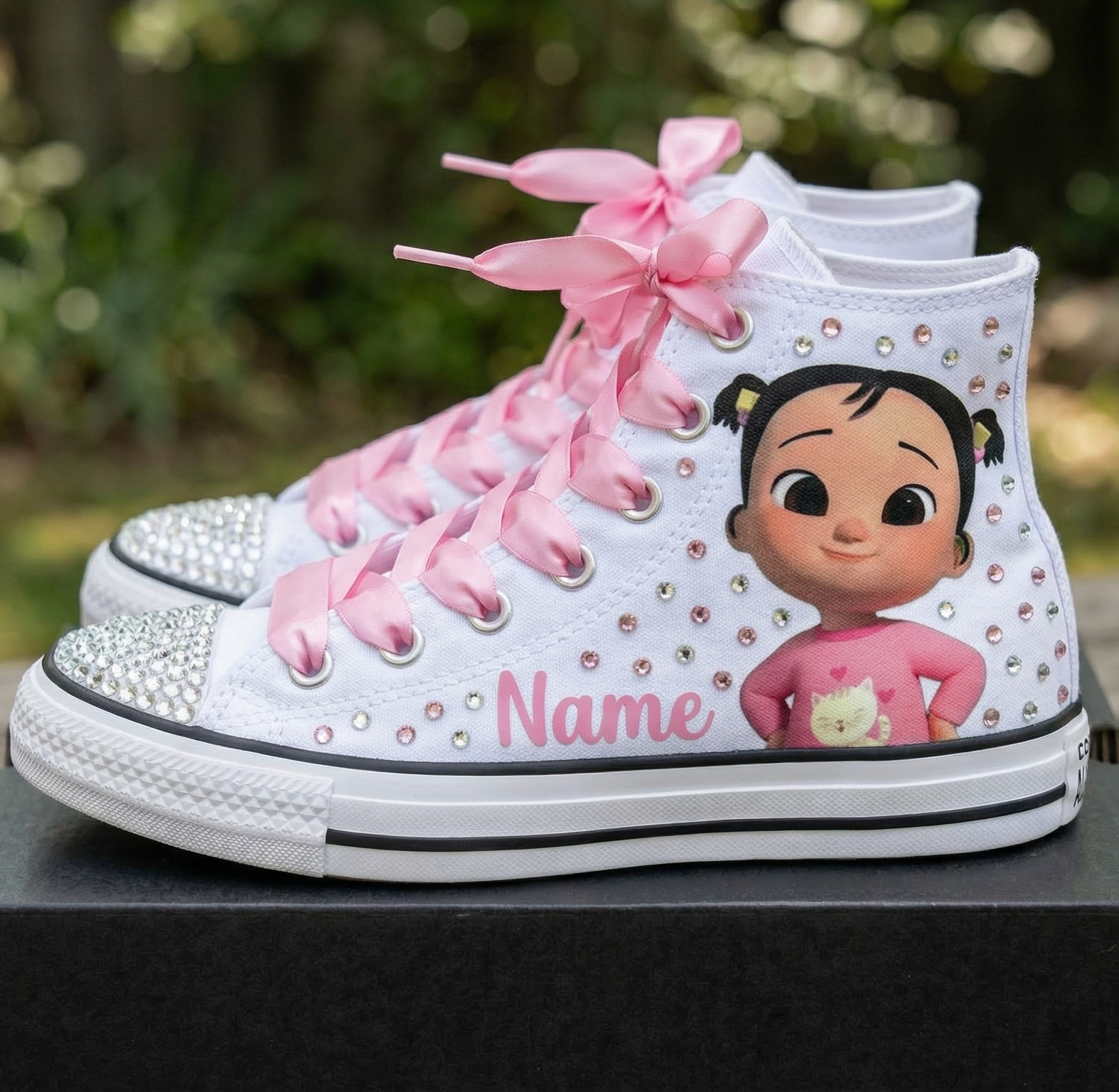 Custom CoComelon Cece High-Top Sneakers Shoes Personalized with Name, Ribbon Laces & Rhinestones Birthday Parties Everyday Gift