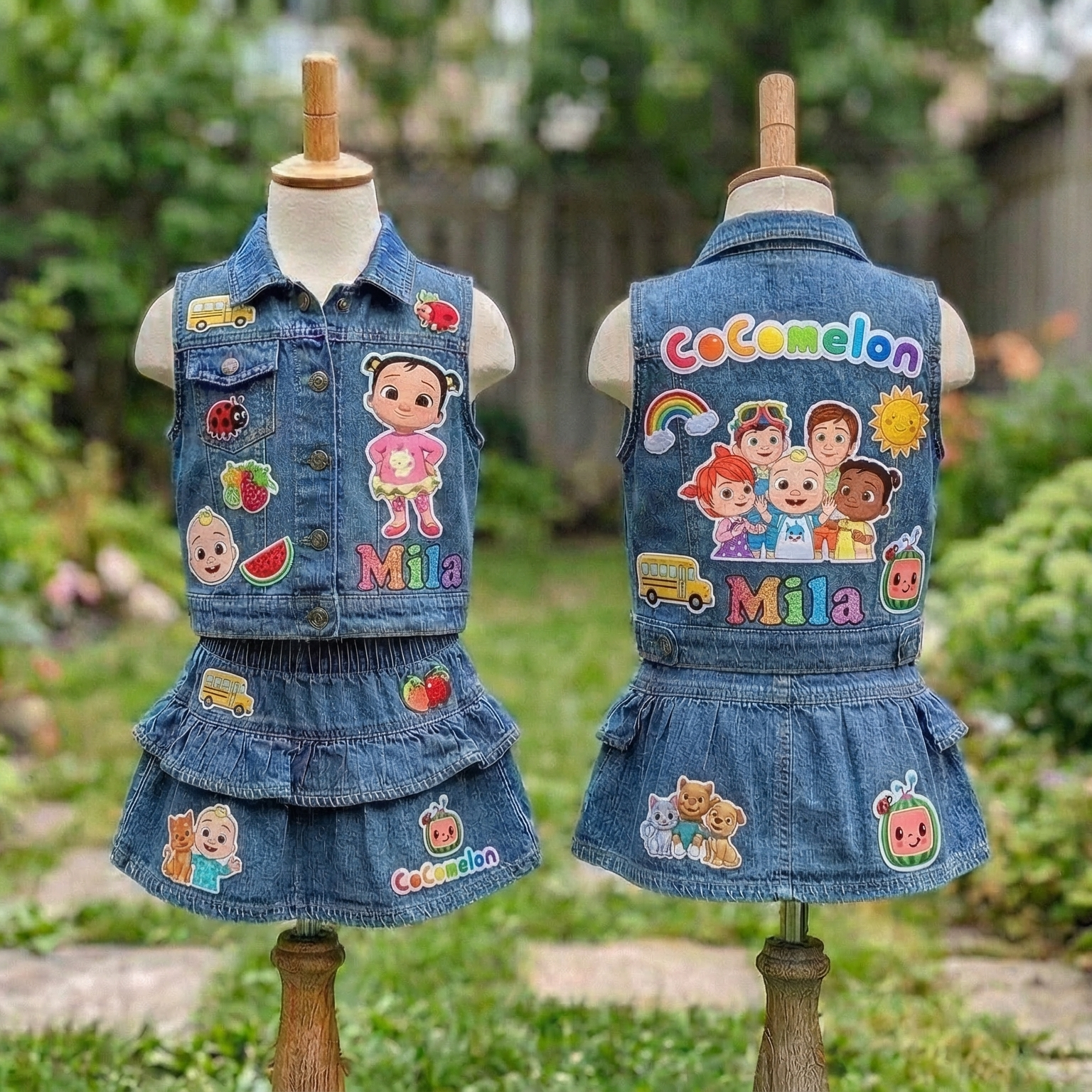 Personalized Custom Name CoComelon Cece Denim Vest & Skirt Set Birthday Party Cake Smash Gift