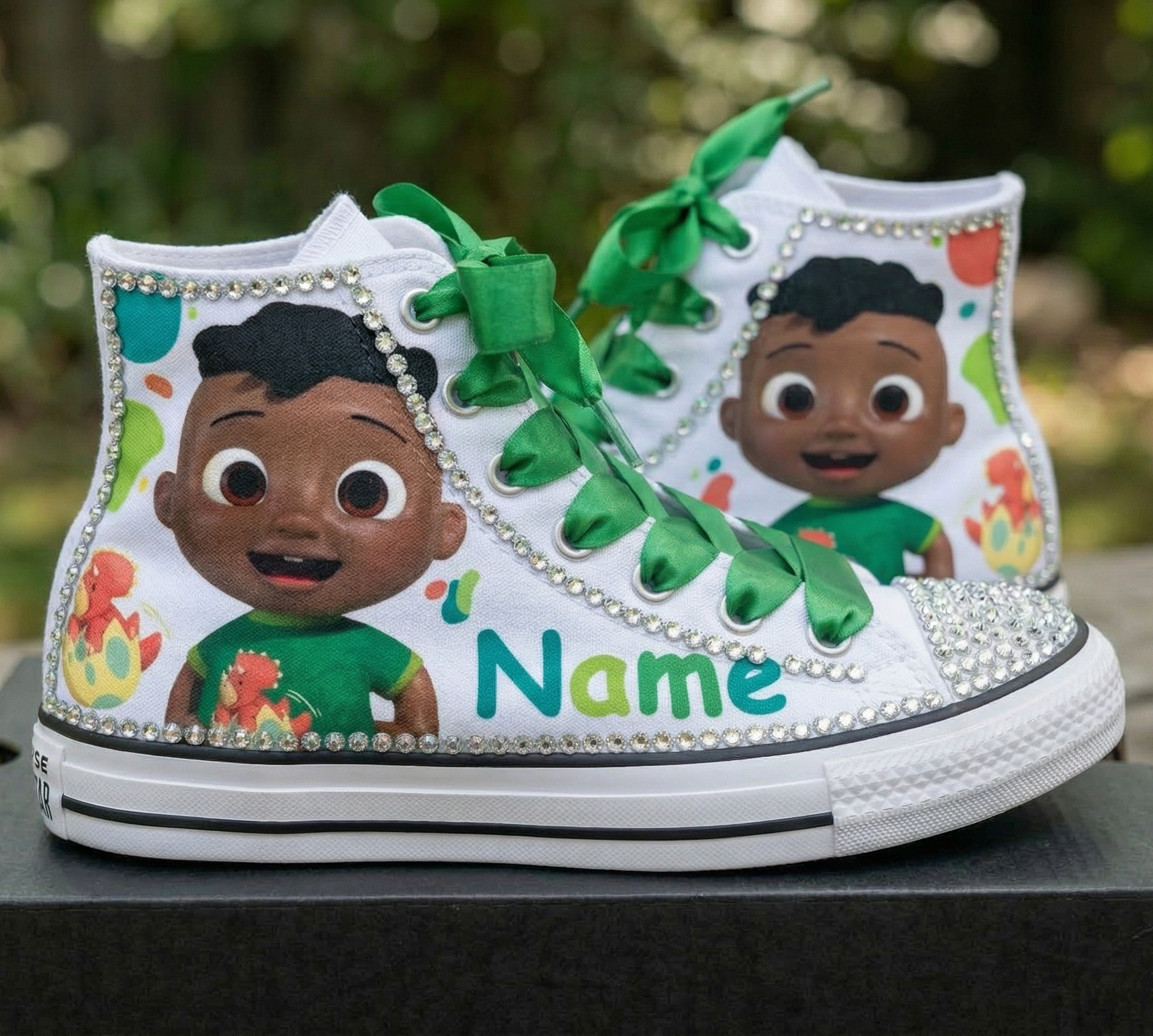 Custom CoComelon Cody High-Top Sneakers Shoes Personalized with Name, Ribbon Laces & Rhinestones Birthday Parties Everyday Gift