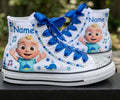 Custom CoComelon JJ High-Top Sneakers Shoes Personalized with Name, Ribbon Laces & Rhinestones Birthday Parties Everyday Gift