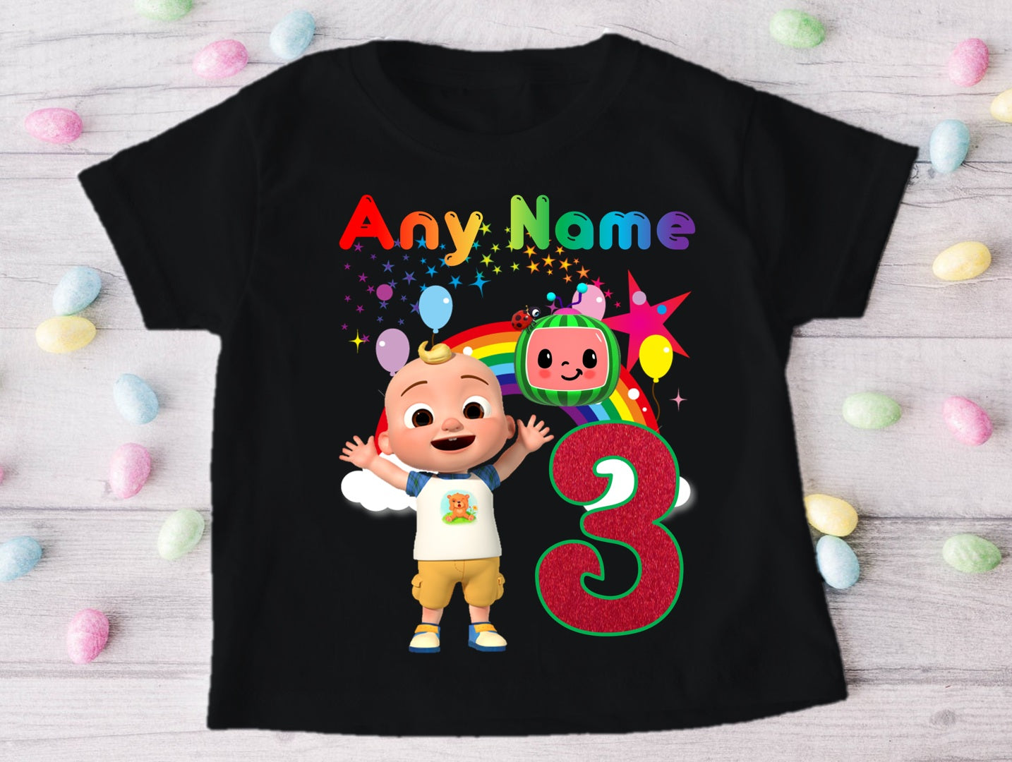 CoComelon Boy JJ Personalized Custom Black T-Shirt or Onesie Theme Cake Smash Birthday Party