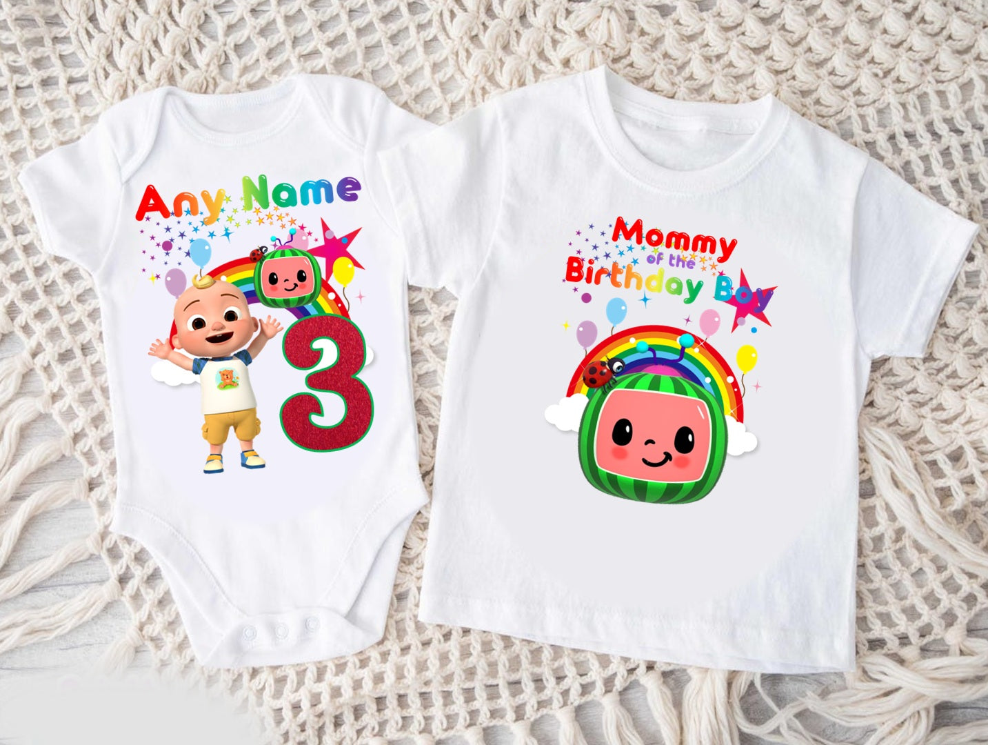 CoComelon Boy JJ Personalized Custom White Family T-Shirt or Onesie Pack Theme Cake Smash Birthday Party
