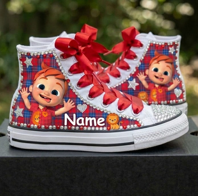 Custom CoComelon Nico High-Top Sneakers Shoes Personalized with Name, Ribbon Laces & Rhinestones Birthday Parties Everyday Gift