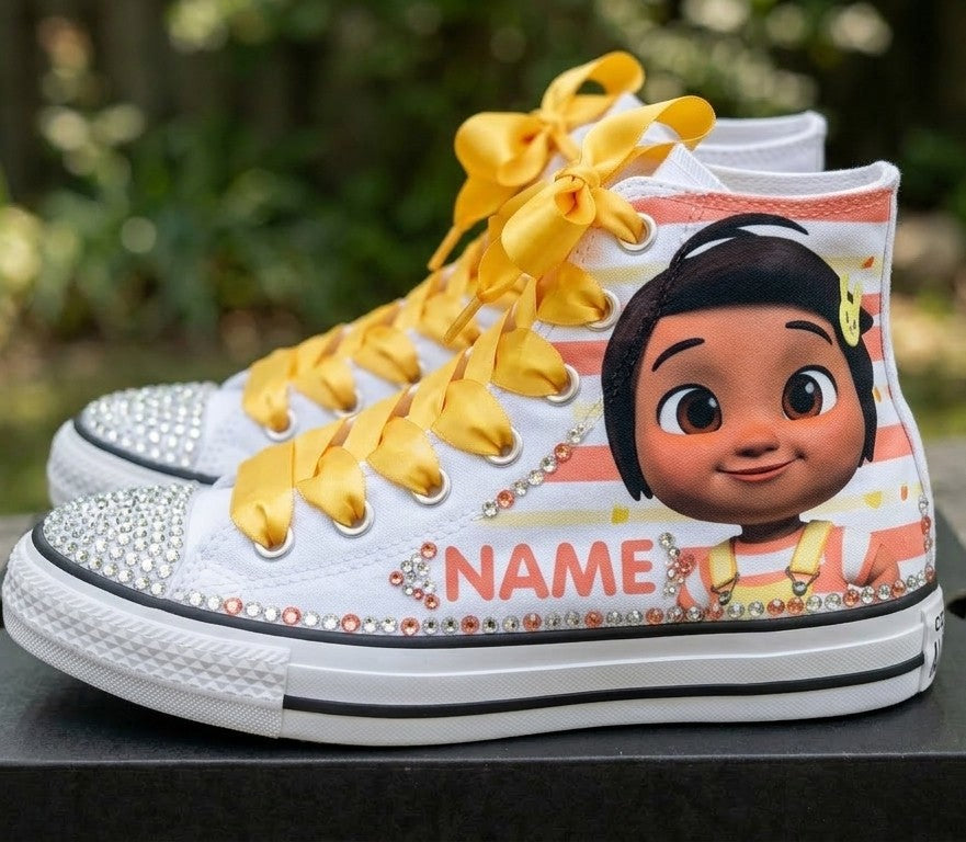 Custom CoComelon Nina High-Top Sneakers Shoes Personalized with Name, Ribbon Laces & Rhinestones Birthday Parties Everyday Gift