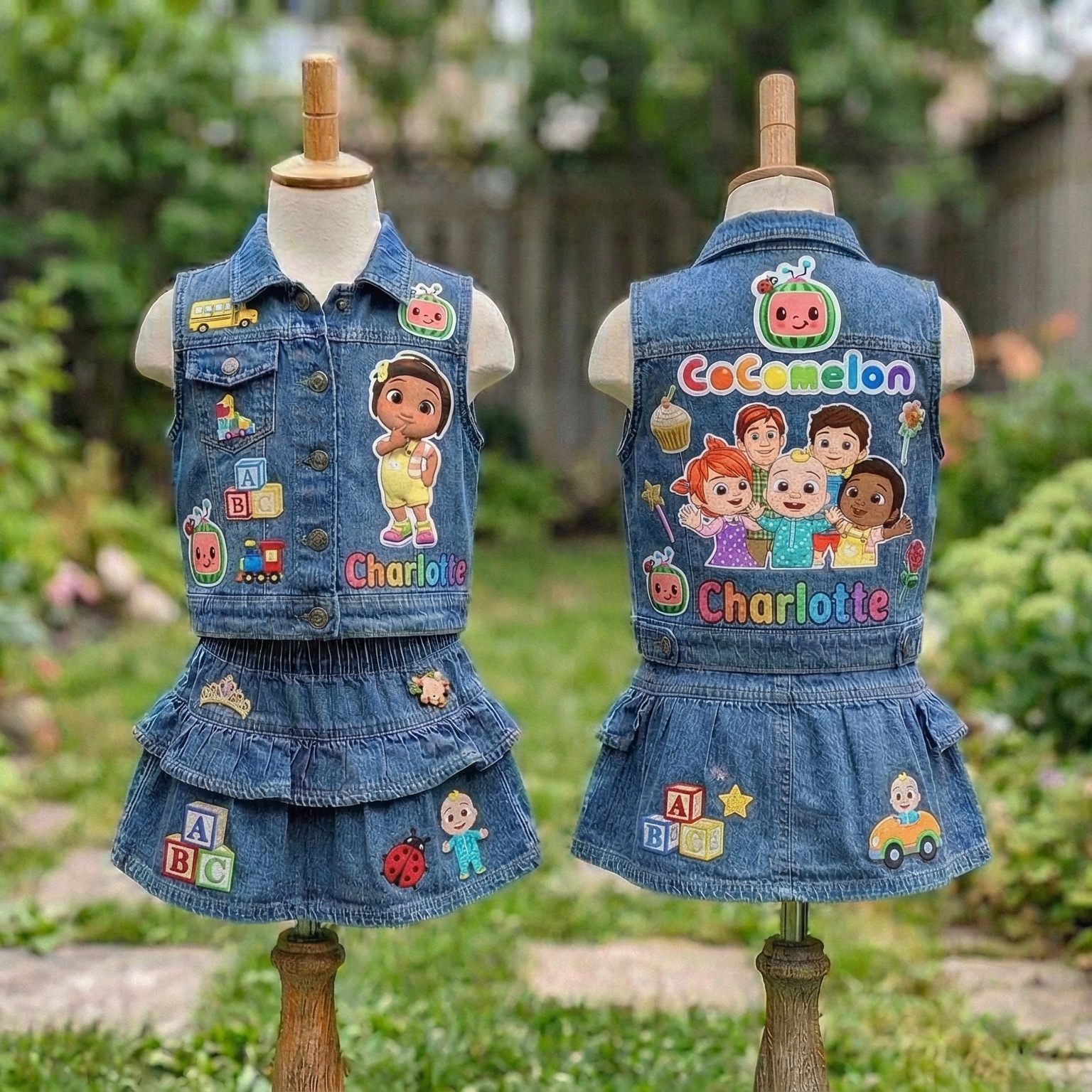 Personalized Custom Name CoComelon Nina Denim Vest & Skirt Set Birthday Party Cake Smash Gift