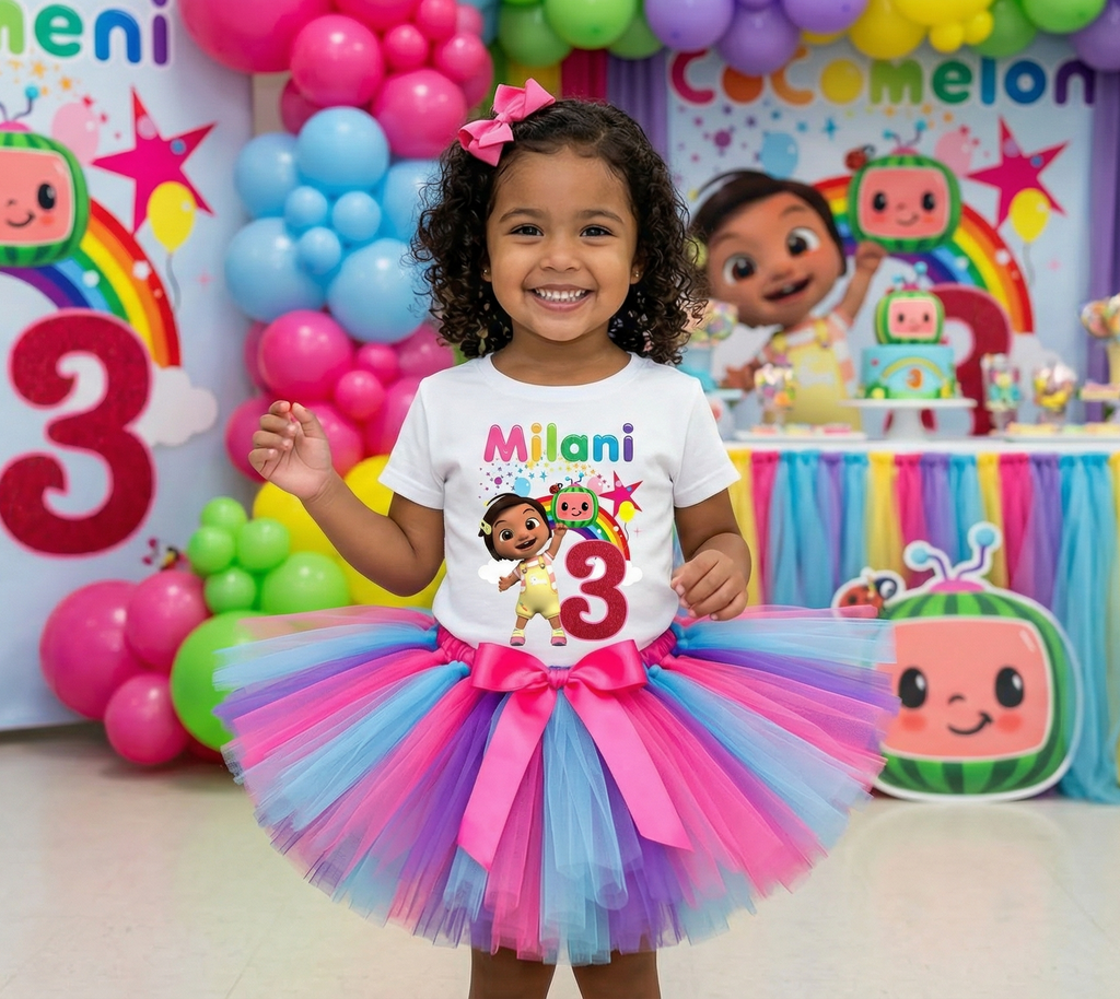 CoComelon Girl Nina Tutu Set Girls Personalized Custom Hot Pink Blue Purple Tutu Outfit Dress Theme Cake Smash Birthday Party