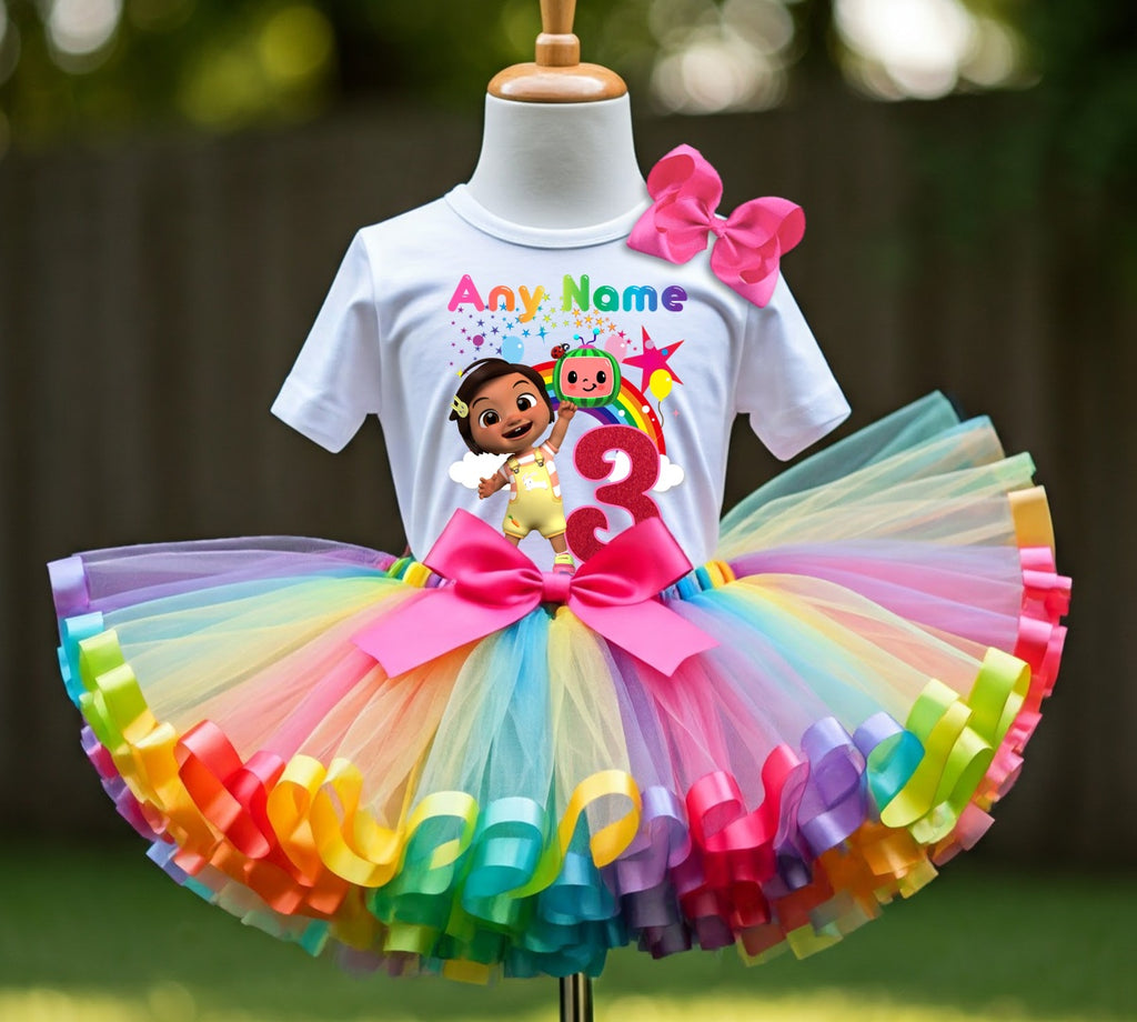 CoComelon Girl Nina Tutu Set Girls Personalized Custom Rainbow Ribbon Sewn Trim Tutu Outfit Dress Theme Cake Smash Birthday Party