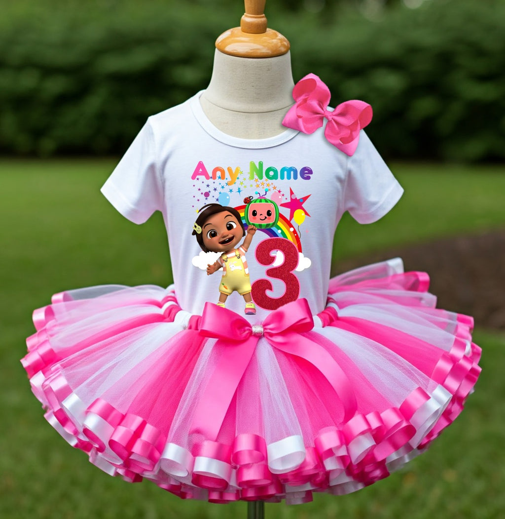 CoComelon Girl Nina Tutu Set Girls Personalized Custom Hot Pink White Pink Ribbon Sewn Trim Tutu Outfit Dress Theme Cake Smash Birthday Party