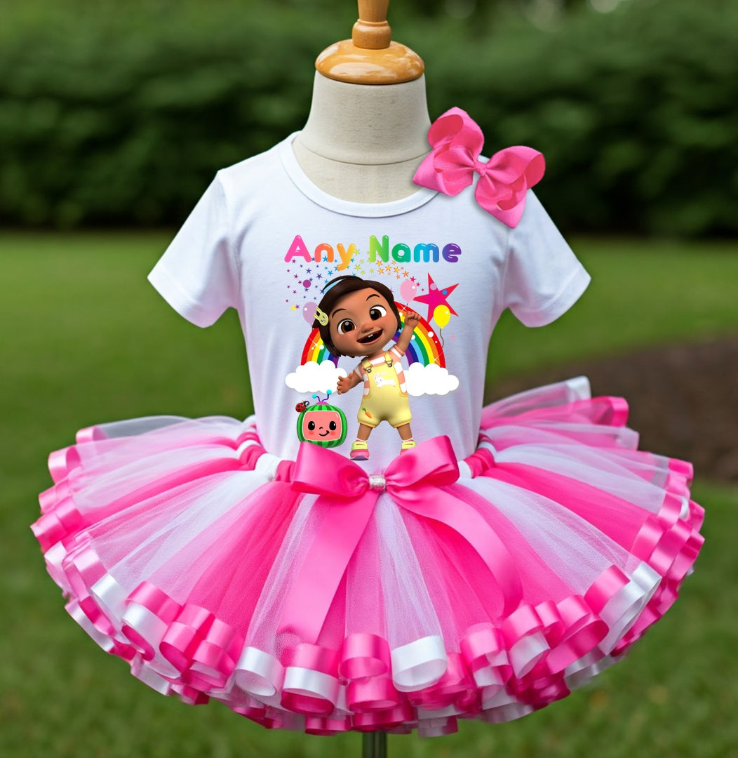 CoComelon Girl Nina Tutu Set Girls Personalized Custom Hot Pink White Pink Ribbon Sewn Trim Tutu Outfit Dress Theme Cake Smash Party