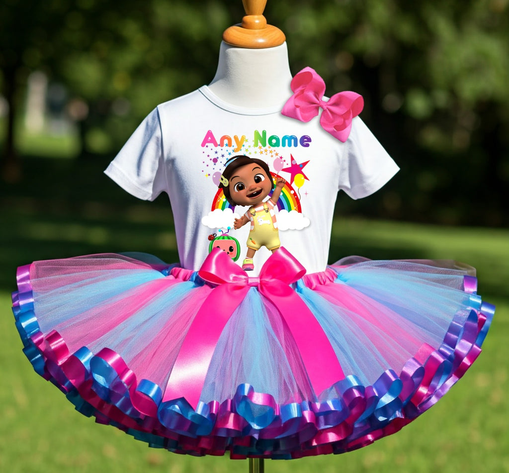 CoComelon Girl Nina Tutu Set Girls Personalized Custom Hot Pink Blue Purple Ribbon Sewn Trim Tutu Outfit Dress Theme Cake Smash Party