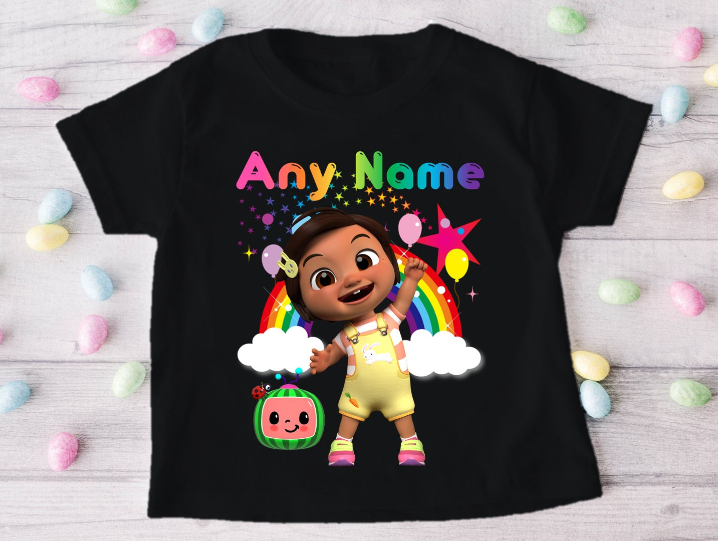 CoComelon Girl Nina Personalized Custom Black T-Shirt or Onesie Theme Cake Smash Party