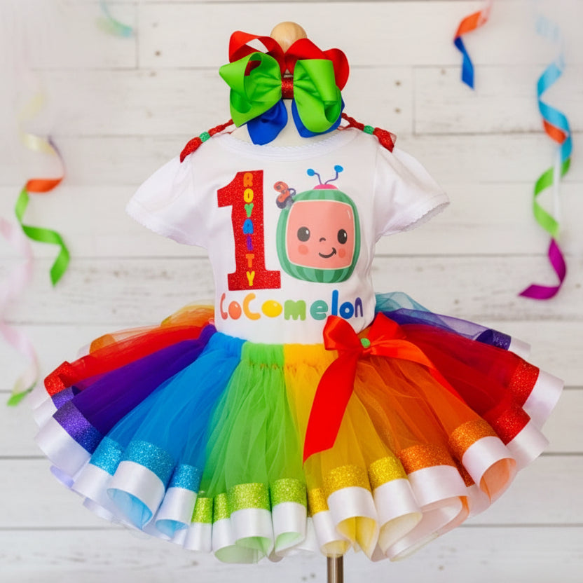 CoComelon TV Melon Tutu Set Girls Personalized Custom White Rainbow Ribbon Sewn Trim Tutu Outfit Dress Theme Cake Smash Birthday Party