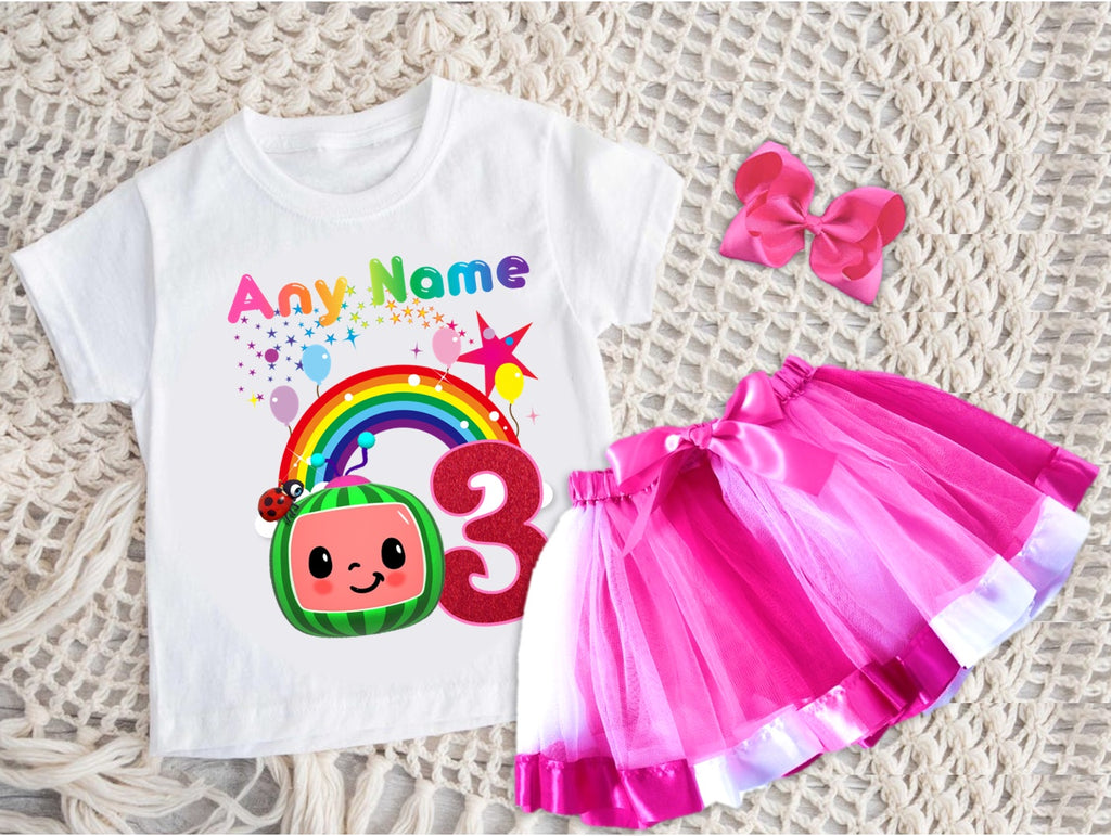 CoComelon Girls TV Melon Tutu Set Girls Personalized Custom Hot Pink White Pink Ribbon Tutu Outfit Dress Theme Cake Smash Birthday Party