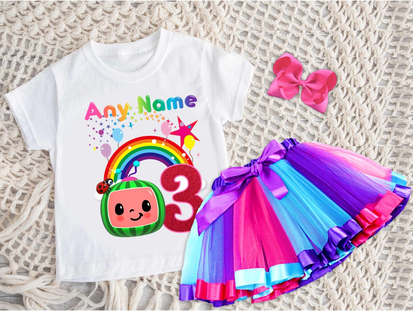 CoComelon Girls TV Melon Tutu Set Girls Personalized Custom Hot Pink Blue Purple Ribbon Tutu Outfit Dress Theme Cake Smash Birthday Party