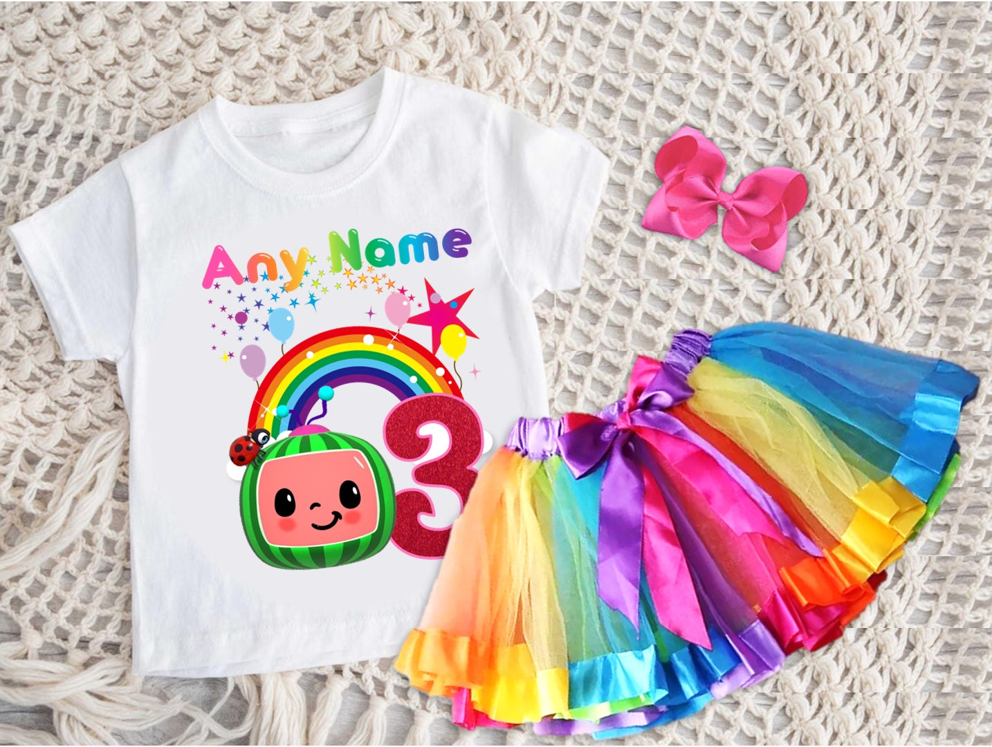 CoComelon Girls TV Melon Tutu Set Girls Personalized Custom Rainbow Ribbon Tutu Outfit Dress Theme Cake Smash Birthday Party
