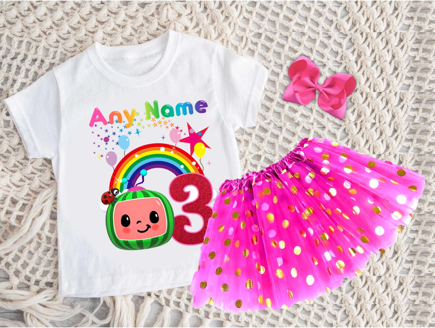 CoComelon Girls TV Melon Tutu Set Girls Personalized Custom Hot Pink Gold Polka Dots Tutu Outfit Dress Theme Cake Smash Birthday Party
