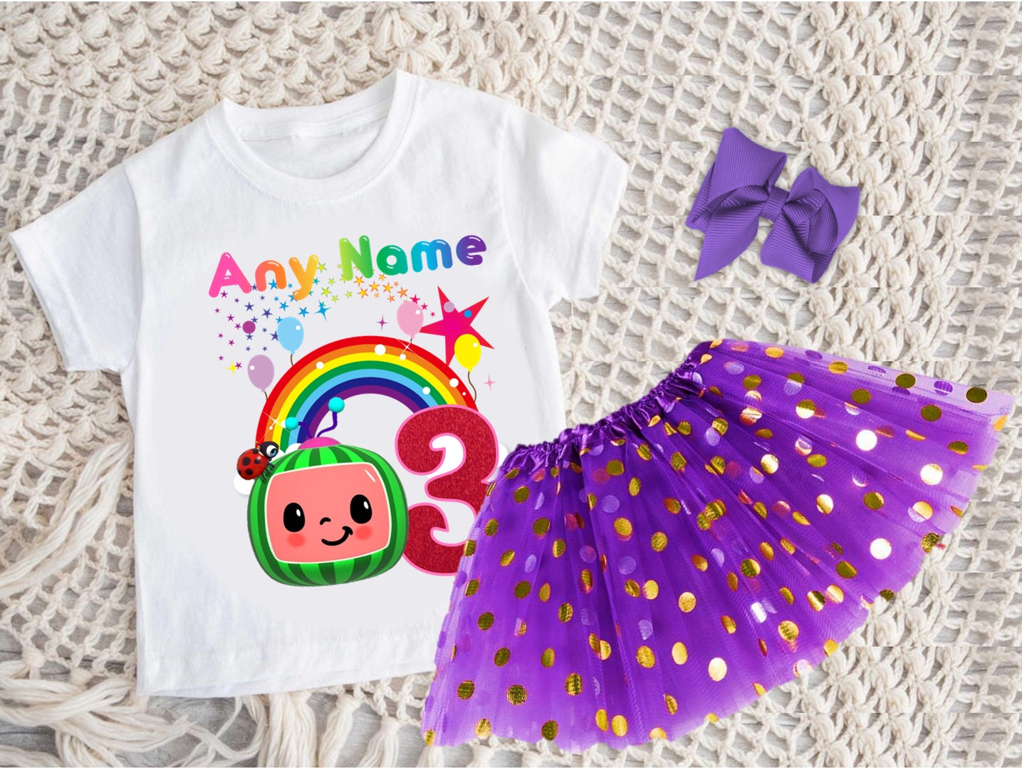 CoComelon Girls TV Melon Tutu Set Girls Personalized Custom Purple Gold Polka Dots Tutu Outfit Dress Theme Cake Smash Birthday Party
