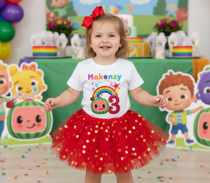 CoComelon Girls TV Melon Tutu Set Girls Personalized Custom Red Gold Polka Dots Tutu Outfit Dress Theme Cake Smash Birthday Party