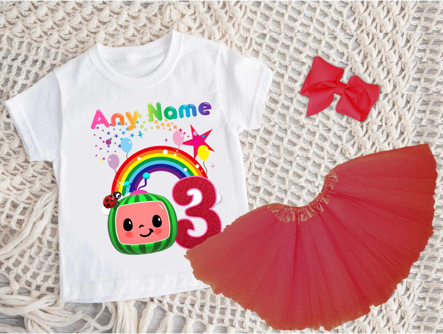 CoComelon Girls TV Melon Tutu Set Girls Personalized Custom Red 3 Layer Tutu Outfit Dress Theme Cake Smash Birthday Party