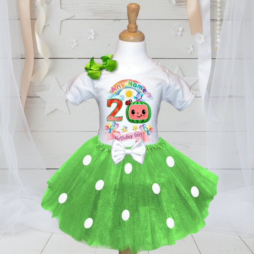 CoComelon TV Tutu Set Girls Personalized Custom Green White Polka Dots Tutu Outfit Dress Theme Cake Smash Birthday Party