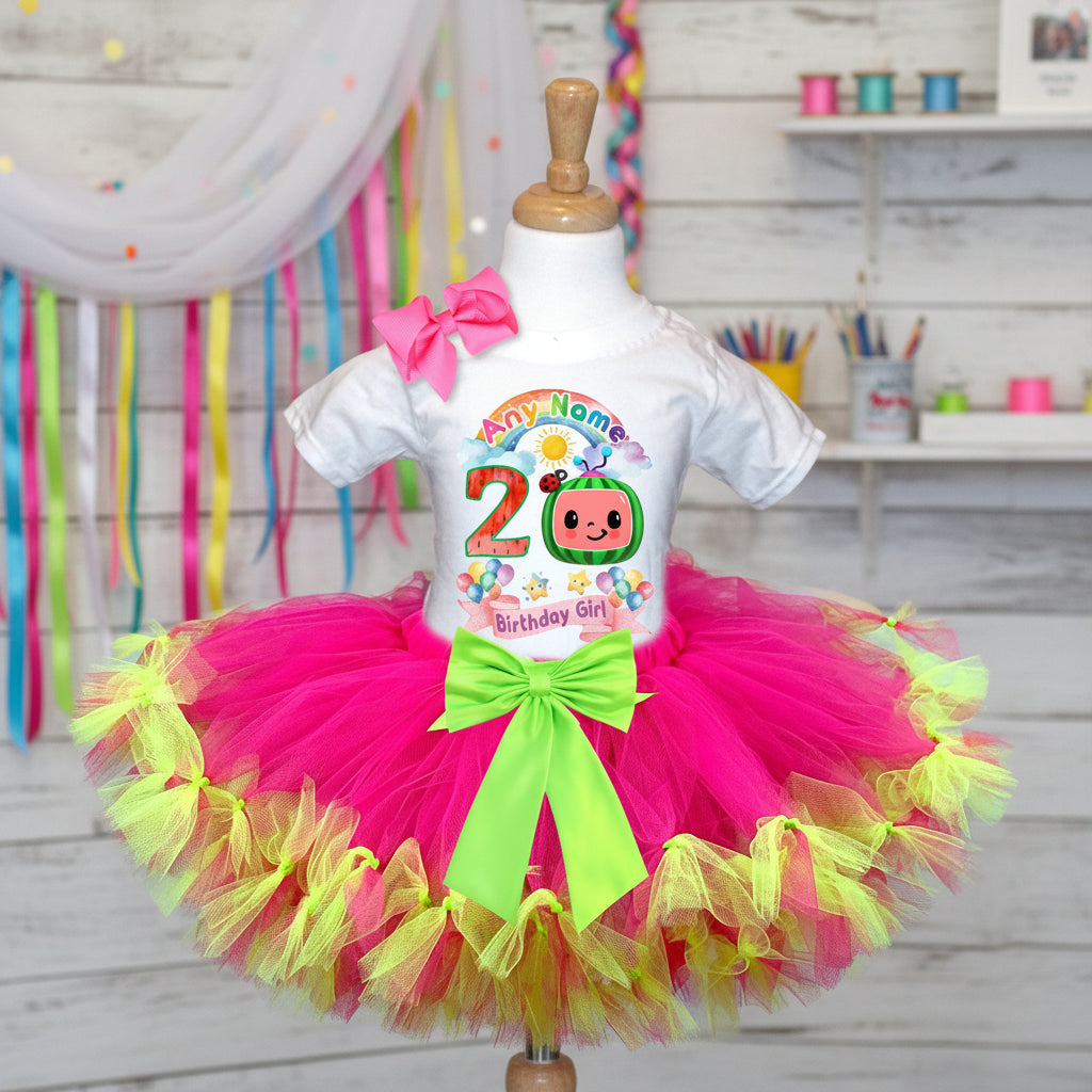 CoComelon TV Tutu Set Girls Personalized Custom Hot Pink Lime Green Knots Tutu Outfit Dress Theme Cake Smash Birthday Party