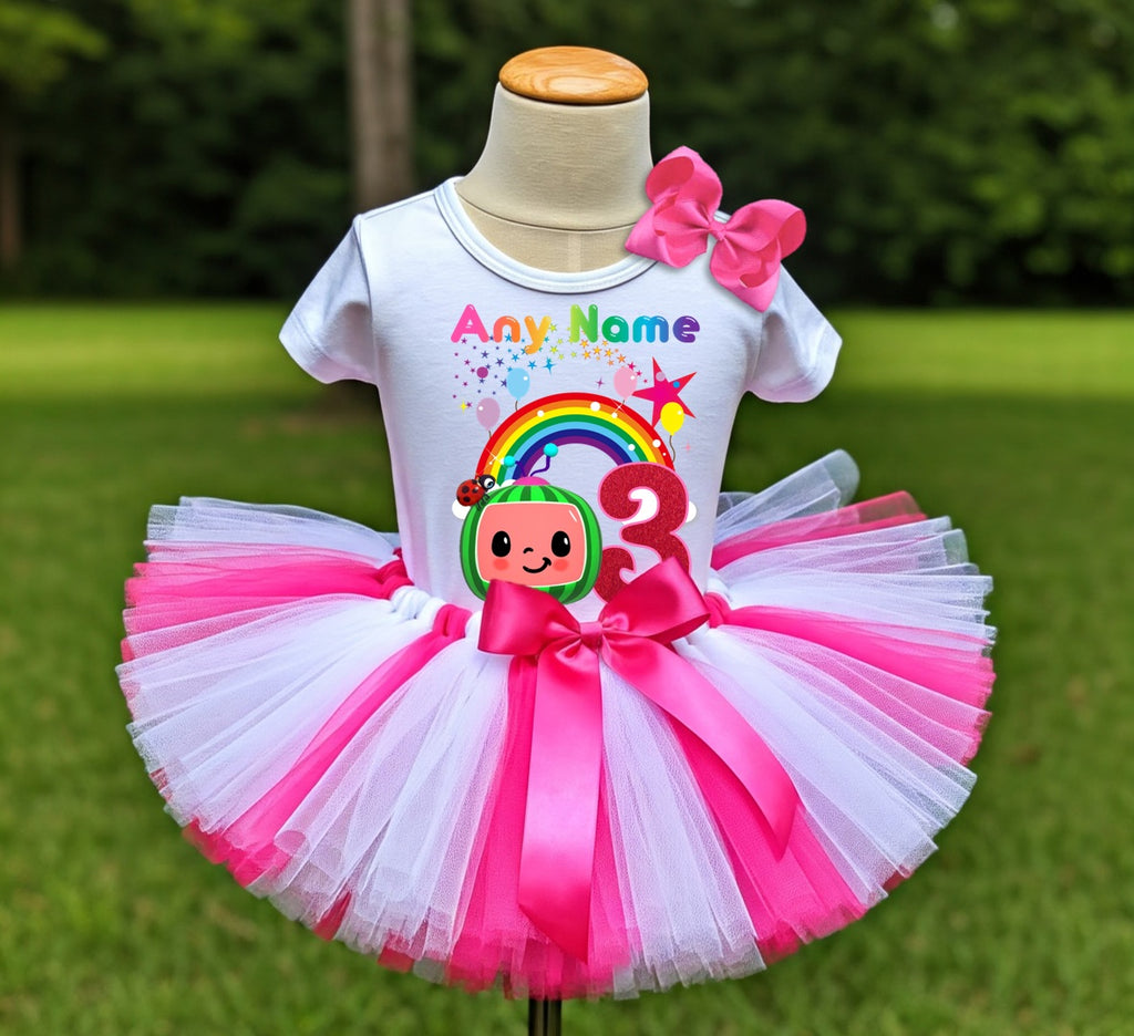 CoComelon Girls TV Melon Tutu Set Girls Personalized Custom Hot Pink White Pink Tutu Outfit Dress Theme Cake Smash Birthday Party