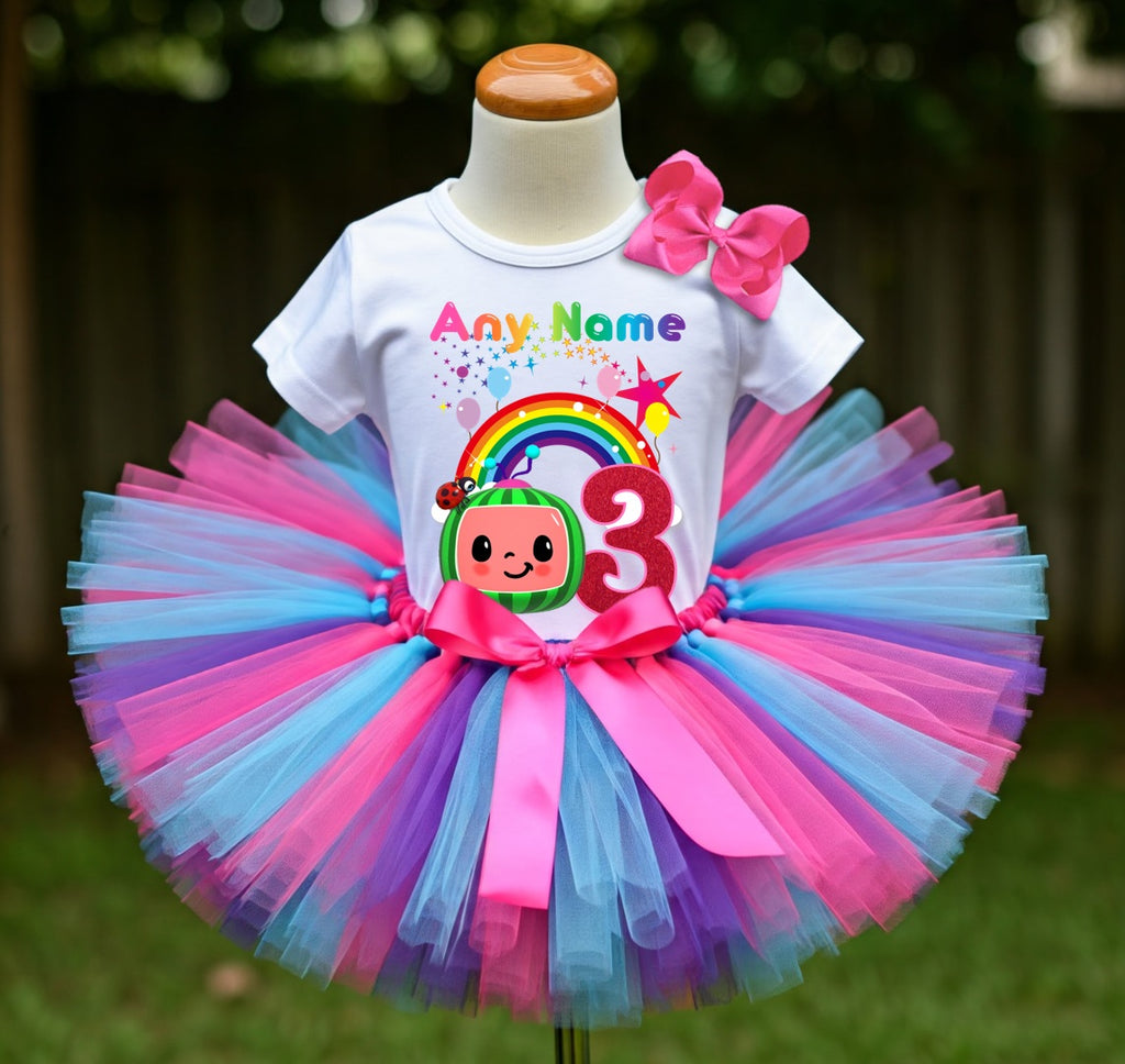 CoComelon Girls TV Melon Tutu Set Girls Personalized Custom Hot Pink Blue Purple Tutu Outfit Dress Theme Cake Smash Birthday Party