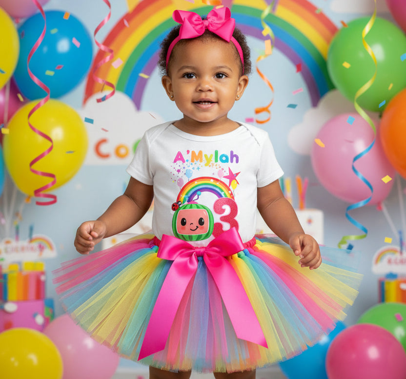 CoComelon Girls TV Melon Tutu Set Girls Personalized Custom Rainbow Tutu Outfit Dress Theme Cake Smash Birthday Party