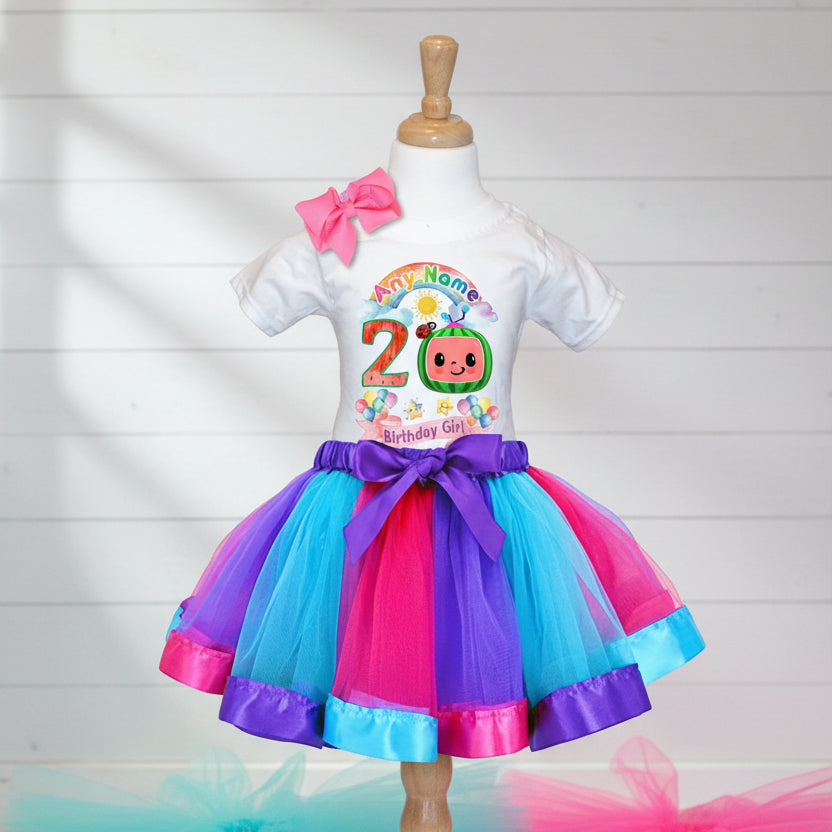 CoComelon TV Tutu Set Girls Personalized Custom Hot Pink Blue Purple Ribbon Tutu Outfit Dress Theme Cake Smash Birthday Party