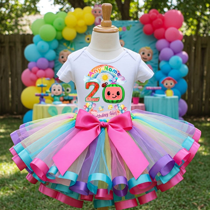 CoComelon TV Tutu Set Girls Personalized Custom Multicolor Ribbon Sewn Trim Tutu Outfit Dress Theme Cake Smash Birthday Party