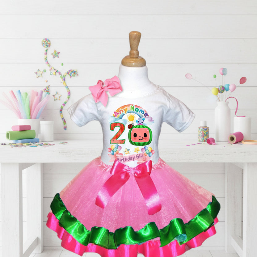 CoComelon TV Tutu Set Girls Personalized Custom Pink Green Hot Pink Ribbon Trim Tutu Outfit Dress Theme Cake Smash Birthday Party