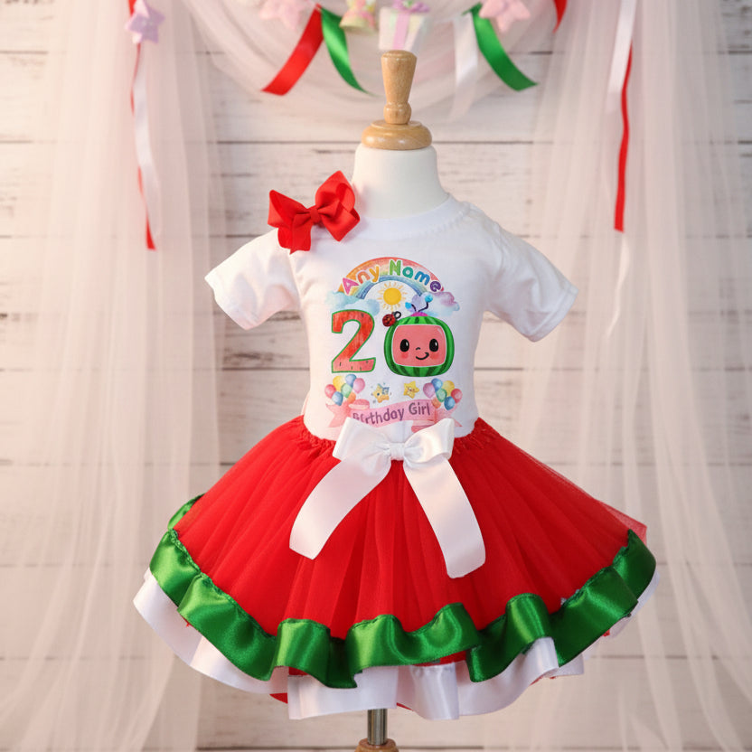 CoComelon TV Tutu Set Girls Personalized Custom Red Green White Ribbon Trim Tutu Outfit Dress Theme Cake Smash Birthday Party