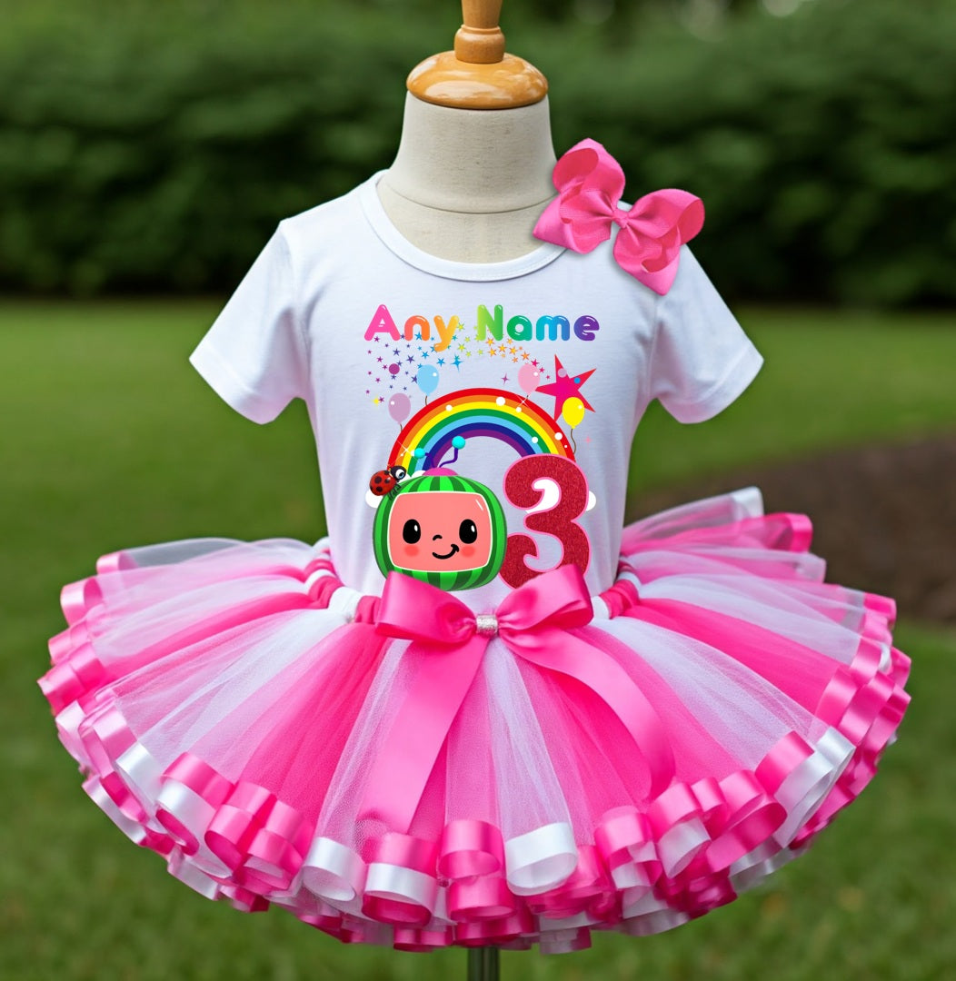 CoComelon Girls TV Melon Tutu Set Girls Personalized Custom Hot Pink White Pink Ribbon Sewn Trim Tutu Outfit Dress Theme Cake Smash Birthday Party