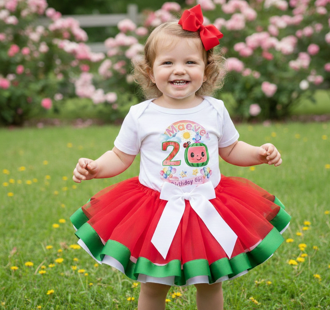 CoComelon TV Tutu Set Girls Personalized Custom Red Green White Ribbon Trim Tutu Outfit Dress Theme Cake Smash Birthday Party