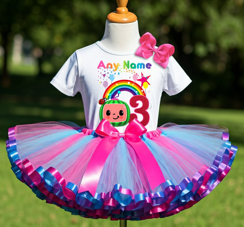 CoComelon Girls TV Melon Tutu Set Girls Personalized Custom Hot Pink Blue Purple Ribbon Sewn Trim Tutu Outfit Dress Theme Cake Smash Birthday Party