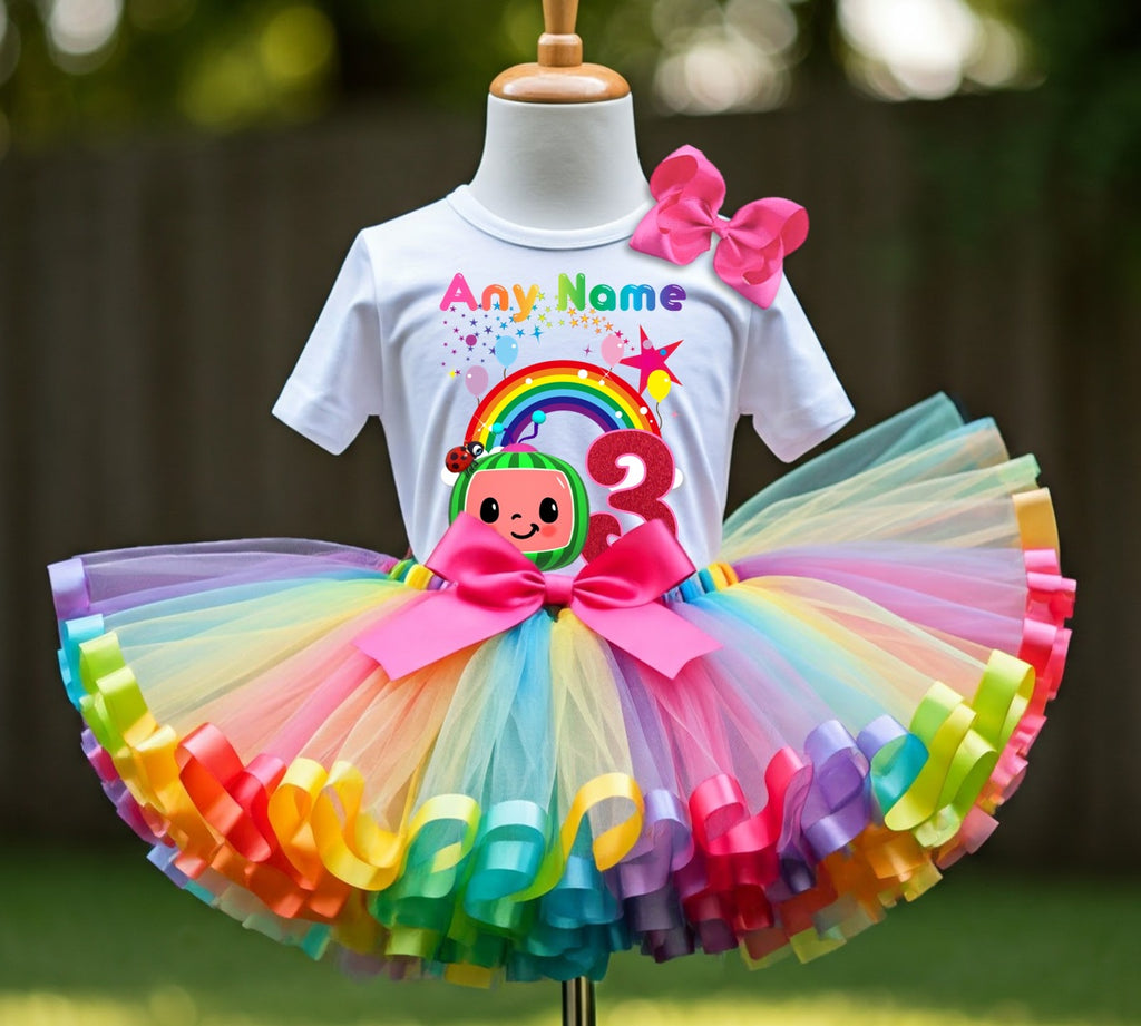 CoComelon Girls TV Melon Tutu Set Girls Personalized Custom Rainbow Ribbon Sewn Trim Tutu Outfit Dress Theme Cake Smash Birthday Party