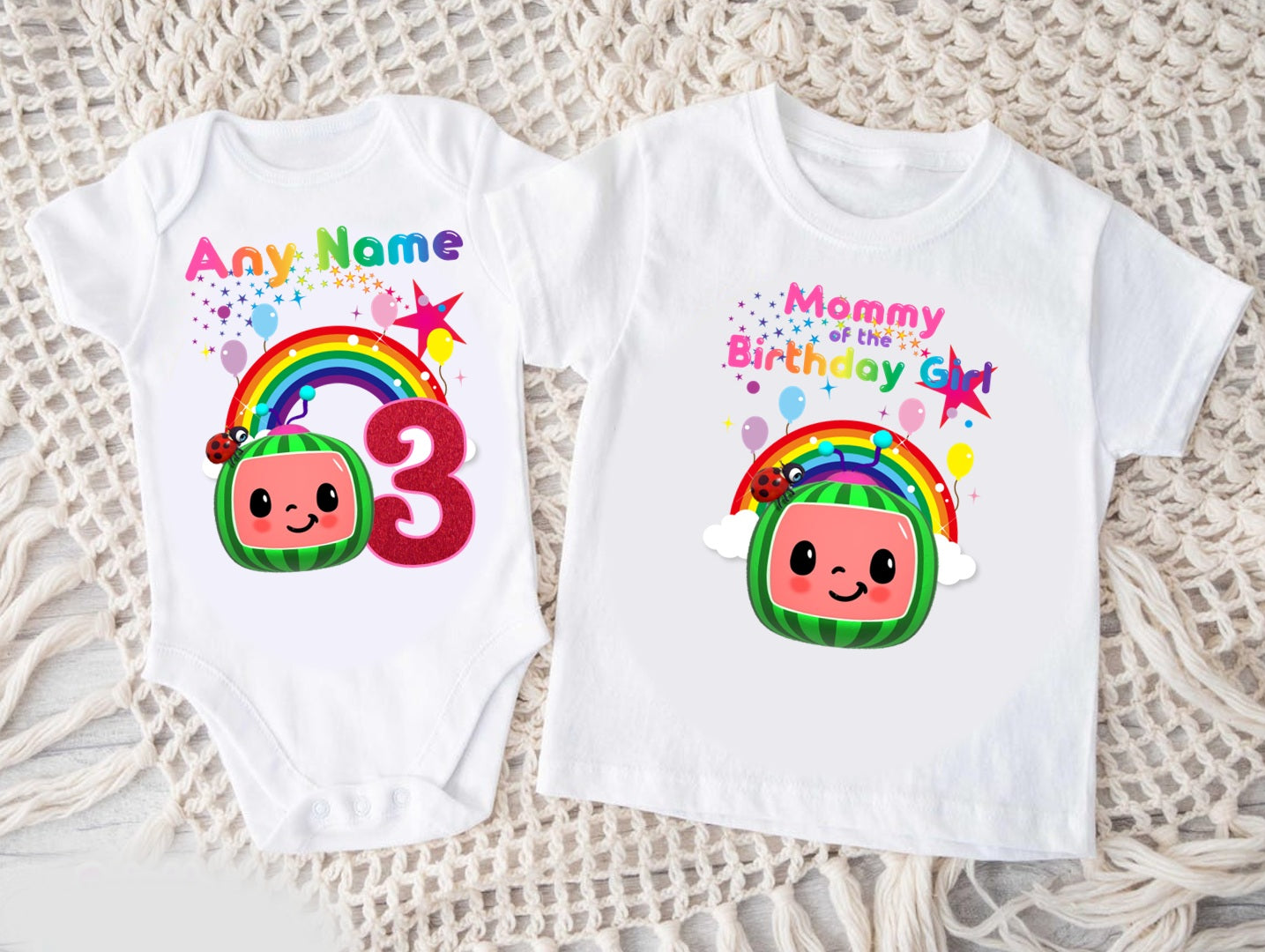 CoComelon Girls TV Melon Personalized Custom White Family T-Shirt or Onesie Pack Theme Cake Smash Birthday Party