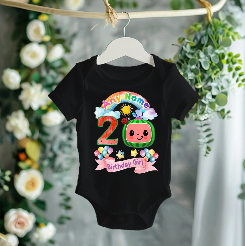 CoComelon TV Girls Personalized Custom Black T-Shirt or Onesie Theme Cake Smash Birthday Party