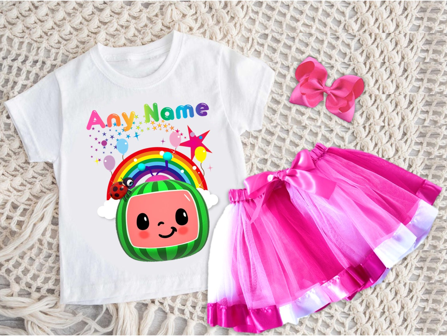CoComelon Girls TV Melon Tutu Set Girls Personalized Custom Hot Pink White Pink Ribbon Tutu Outfit Dress Theme Cake Smash Party