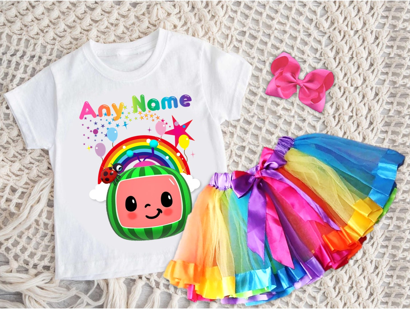 CoComelon Girls TV Melon Tutu Set Girls Personalized Custom Rainbow Ribbon Tutu Outfit Dress Theme Cake Smash Party