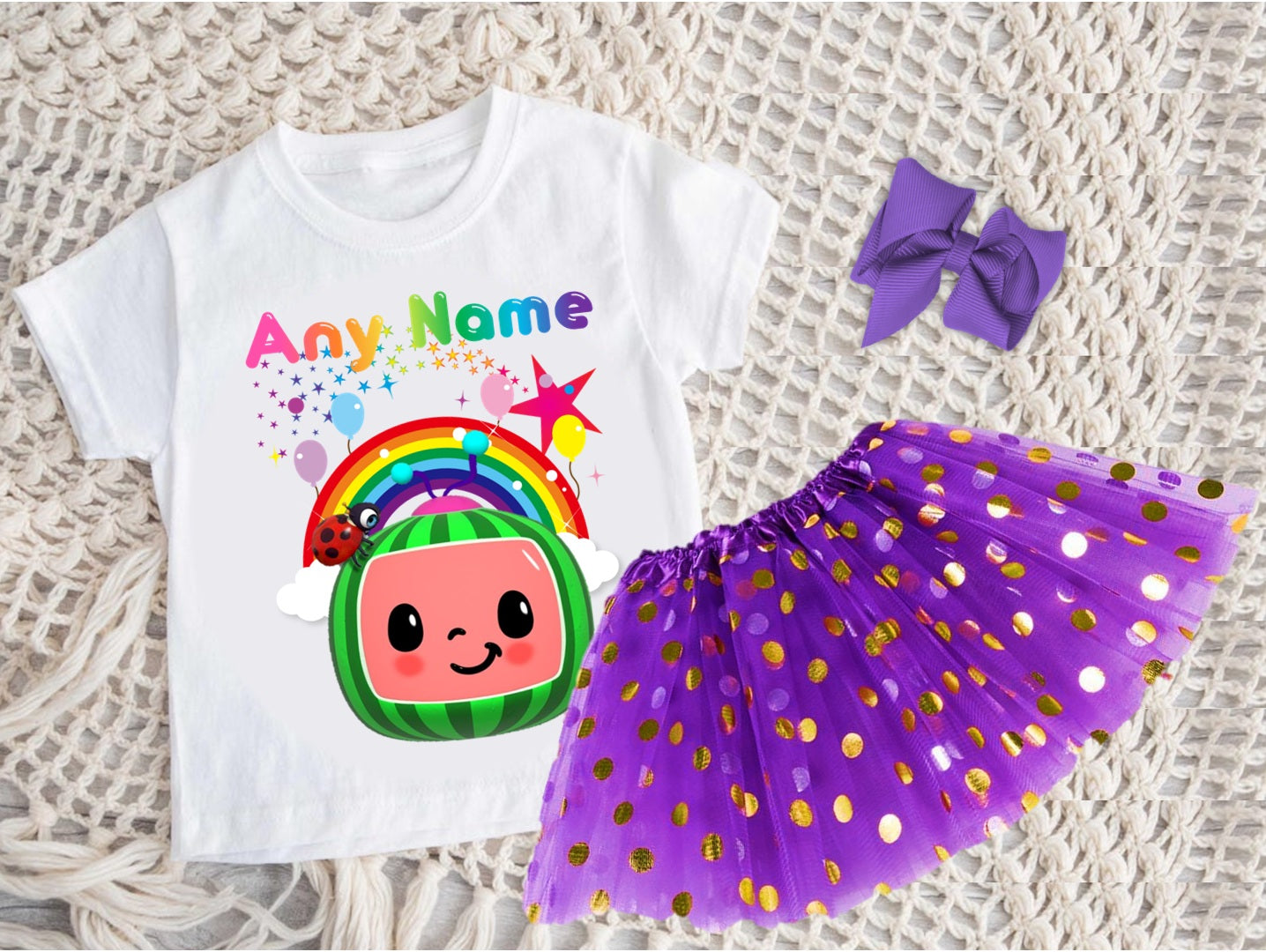 CoComelon Girls TV Melon Tutu Set Girls Personalized Custom Purple Gold Polka Dots Tutu Outfit Dress Theme Cake Smash Party