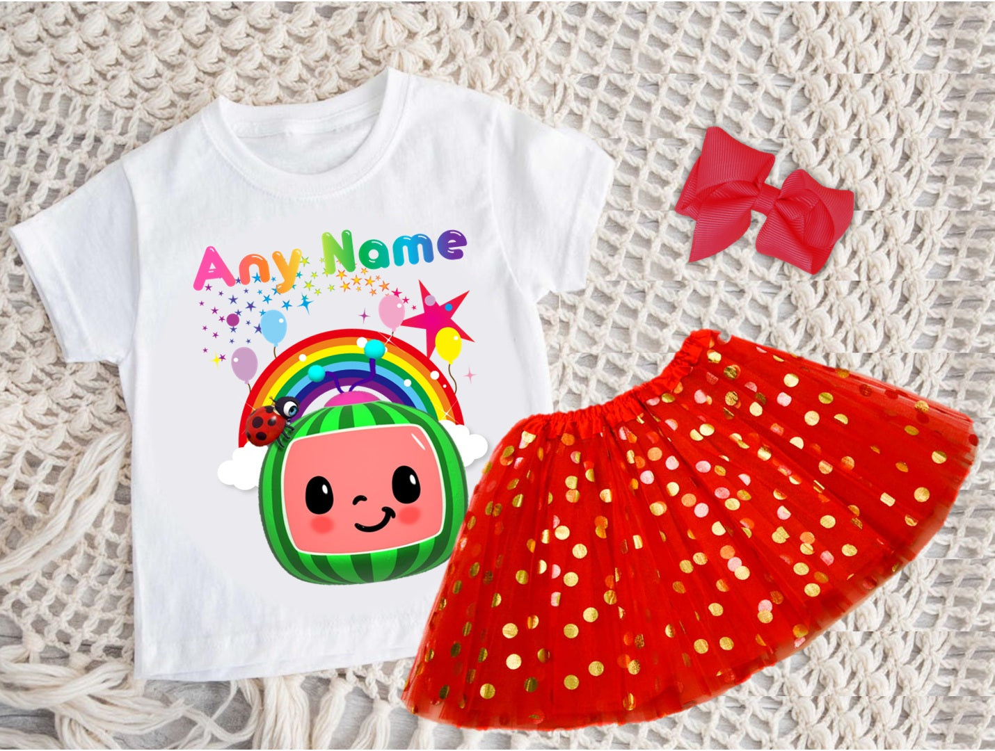 CoComelon Girls TV Melon Tutu Set Girls Personalized Custom Red Gold Polka Dots Tutu Outfit Dress Theme Cake Smash Party