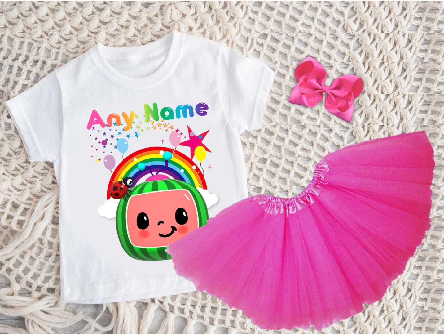 CoComelon Girls TV Melon Tutu Set Girls Personalized Custom Hot Pink 3 Layer Tutu Outfit Dress Theme Cake Smash Party