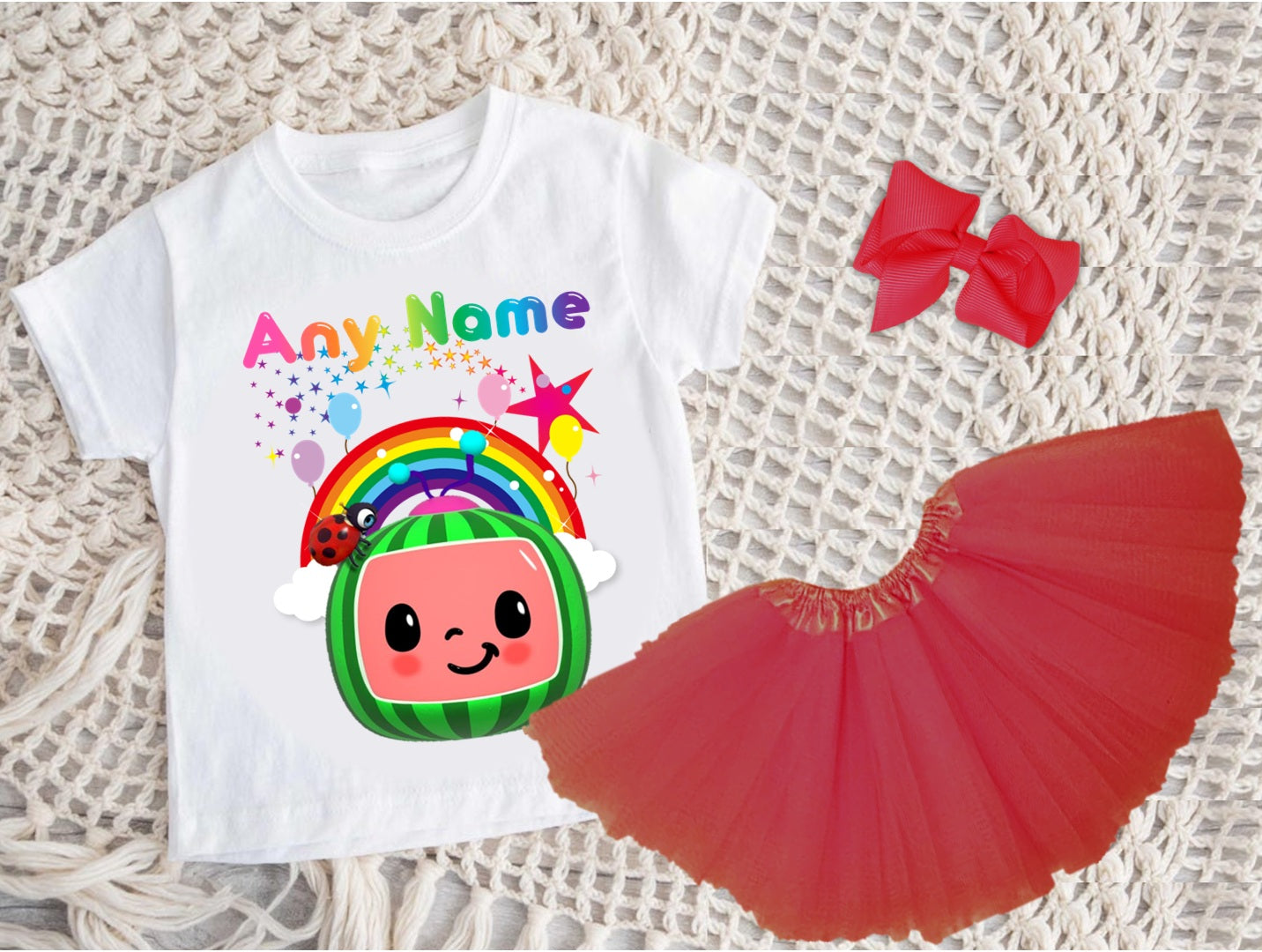 CoComelon Girls TV Melon Tutu Set Girls Personalized Custom Red 3 Layer Tutu Outfit Dress Theme Cake Smash Party
