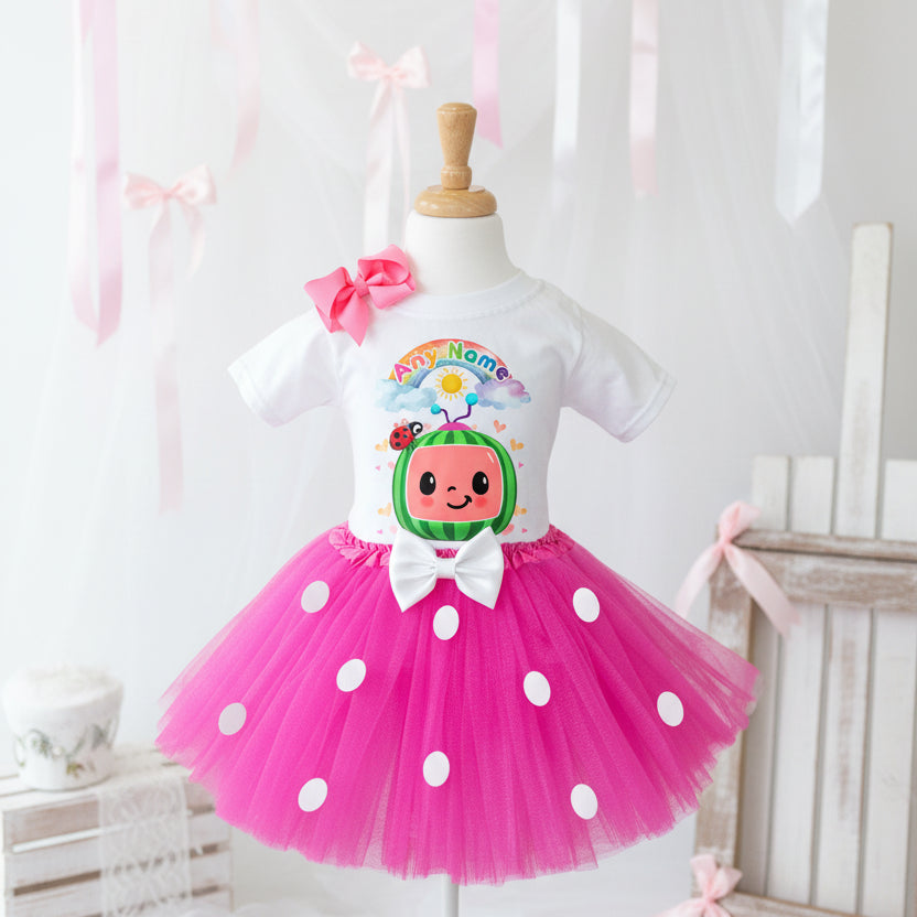 CoComelon TV Tutu Set Girls Personalized Custom Hot Pink White Polka Dots Tutu Outfit Dress Theme Cake Smash Party